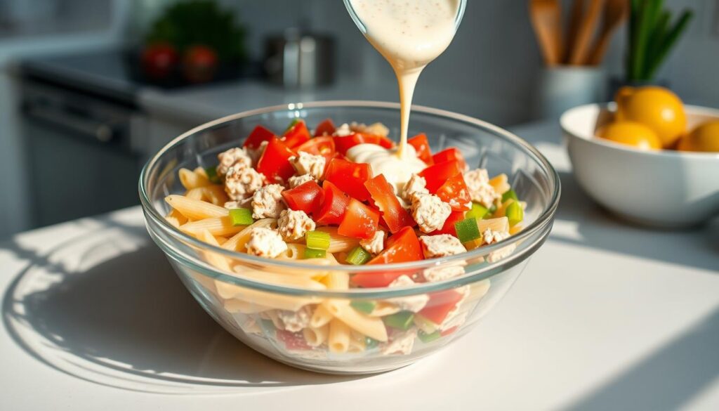 A brightly lit kitchen counter, with a glass mixing bowl filled with freshly cooked pasta, chunks of canned tuna, diced tomatoes, and crisp vegetables like celery and bell peppers. The ingredients are being gently tossed together with a creamy, tangy dressing, creating a vibrant and appetizing tuna pasta salad. The scene is captured from a slightly elevated angle, showcasing the preparation process in a clean, minimalist setting. Soft shadows and warm highlights accentuate the textures and colors, inviting the viewer to imagine the refreshing and nourishing flavors of this homemade dish. A brightly lit kitchen counter, with a glass mixing bowl filled with freshly cooked pasta, chunks of canned tuna, diced tomatoes, and crisp vegetables like celery and bell peppers. The ingredients are being gently tossed together with a creamy, tangy dressing, creating a vibrant and appetizing tuna pasta salad. The scene is captured from a slightly elevated angle, showcasing the preparation process in a clean, minimalist setting. Soft shadows and warm highlights accentuate the textures and colors, inviting the viewer to imagine the refreshing and nourishing flavors of this homemade dish.