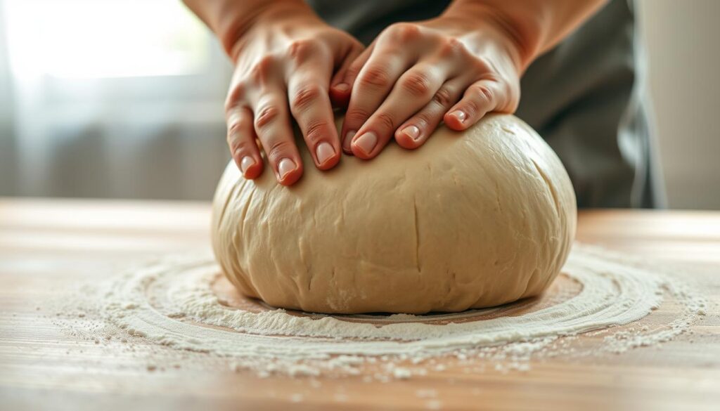 A close-up shot of an expert baker's hands delicately shaping a smooth, pliant ball of freshly kneaded bread dough on a lightly floured wooden surface. Soft, diffused natural light from a nearby window casts a warm, inviting glow, highlighting the dough's supple texture and the skilled motions of the hands as they gently fold, pinch, and stretch the dough into a perfect round shape. The background is softly blurred, allowing the viewer to focus solely on the captivating process of dough shaping, a fundamental step in the art of homemade bread making. A close-up shot of an expert baker's hands delicately shaping a smooth, pliant ball of freshly kneaded bread dough on a lightly floured wooden surface. Soft, diffused natural light from a nearby window casts a warm, inviting glow, highlighting the dough's supple texture and the skilled motions of the hands as they gently fold, pinch, and stretch the dough into a perfect round shape. The background is softly blurred, allowing the viewer to focus solely on the captivating process of dough shaping, a fundamental step in the art of homemade bread making.