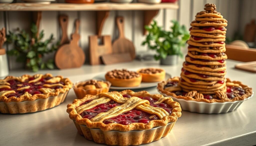 A cozy kitchen counter showcases an assortment of freshly baked cranberry pies, with a warm, inviting glow. In the foreground, a classic deep-dish cranberry pie with a golden lattice crust sits prominently, its ruby-red filling glistening. Surrounding it, a variety of creative takes on the cranberry pie - a rustic galette with a flaky edge, individual tartlets with intricate designs, and a towering layered pie crowned with a sprinkling of toasted pecans. Soft, diffused lighting illuminates the scene, casting subtle shadows and highlighting the textures of the pastries. In the background, a glimpse of a vintage-inspired kitchen with weathered wooden shelves and lush greenery creates a homey, artisanal atmosphere. The overall composition celebrates the endless possibilities of reimagining the classic cranberry pie. A cozy kitchen counter showcases an assortment of freshly baked cranberry pies, with a warm, inviting glow. In the foreground, a classic deep-dish cranberry pie with a golden lattice crust sits prominently, its ruby-red filling glistening. Surrounding it, a variety of creative takes on the cranberry pie - a rustic galette with a flaky edge, individual tartlets with intricate designs, and a towering layered pie crowned with a sprinkling of toasted pecans. Soft, diffused lighting illuminates the scene, casting subtle shadows and highlighting the textures of the pastries. In the background, a glimpse of a vintage-inspired kitchen with weathered wooden shelves and lush greenery creates a homey, artisanal atmosphere. The overall composition celebrates the endless possibilities of reimagining the classic cranberry pie.