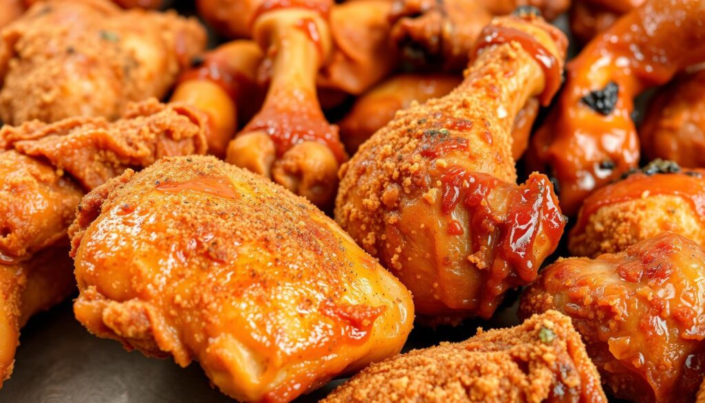 A crisp, golden-brown assortment of fried chicken pieces, each coated in a distinct seasoning blend. In the foreground, a succulent chicken thigh dusted with a vibrant chili-lime rub, its surface glistening under natural light. Beside it, a drumstick bathed in a sticky, honey-based glaze, caramelized to perfection. In the middle ground, a tender chicken breast, breaded with a crunchy panko crust and infused with the aromatic flavors of garlic and herbs. In the background, a variety of chicken wings, their skin crisped to a delectable texture, showcasing a spectrum of flavors - from a zesty, citrus-infused dry rub to a rich, molasses-tinged barbecue sauce. The arrangement captures the versatility and mouthwatering appeal of crispy chicken, inviting the viewer to explore a world of culinary possibilities. A crisp, golden-brown assortment of fried chicken pieces, each coated in a distinct seasoning blend. In the foreground, a succulent chicken thigh dusted with a vibrant chili-lime rub, its surface glistening under natural light. Beside it, a drumstick bathed in a sticky, honey-based glaze, caramelized to perfection. In the middle ground, a tender chicken breast, breaded with a crunchy panko crust and infused with the aromatic flavors of garlic and herbs. In the background, a variety of chicken wings, their skin crisped to a delectable texture, showcasing a spectrum of flavors - from a zesty, citrus-infused dry rub to a rich, molasses-tinged barbecue sauce. The arrangement captures the versatility and mouthwatering appeal of crispy chicken, inviting the viewer to explore a world of culinary possibilities.