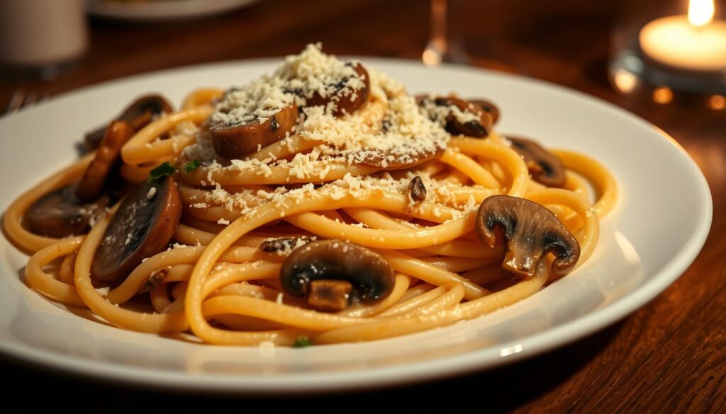 A delectable plate of creamy fettuccine pasta, sauced with a rich, velvety mushroom cream. Thick, al dente noodles are coated in a luscious, garlic-infused sauce, flecked with sautéed crimini and shiitake mushrooms. The dish is finished with a generous dusting of grated Parmesan cheese, which melts into the sauce. Soft, ambient lighting casts a warm glow over the scene, highlighting the appetizing textures and colors. The pasta is artfully arranged on a white ceramic plate, with a subtle vignette effect drawing the viewer's eye to the center of the frame. An elegant, intimate setting, perfect for savoring this indulgent, creamy mushroom pasta dish. A delectable plate of creamy fettuccine pasta, sauced with a rich, velvety mushroom cream. Thick, al dente noodles are coated in a luscious, garlic-infused sauce, flecked with sautéed crimini and shiitake mushrooms. The dish is finished with a generous dusting of grated Parmesan cheese, which melts into the sauce. Soft, ambient lighting casts a warm glow over the scene, highlighting the appetizing textures and colors. The pasta is artfully arranged on a white ceramic plate, with a subtle vignette effect drawing the viewer's eye to the center of the frame. An elegant, intimate setting, perfect for savoring this indulgent, creamy mushroom pasta dish.