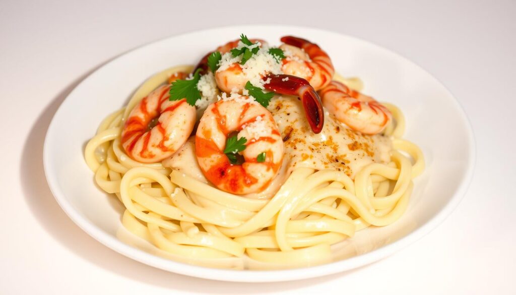 A delectable plate of creamy white sauce pasta, topped with juicy sautéed shrimp, garnished with fresh parsley and a sprinkle of grated Parmesan. The pasta is perfectly al dente, the sauce velvety smooth, and the shrimp cooked to tender perfection. Soft, diffused lighting from the side casts a warm glow, accentuating the textures and colors. The dish is presented on a clean, white ceramic plate, set against a plain, light-colored background, allowing the culinary masterpiece to be the sole focus of attention. A delectable plate of creamy white sauce pasta, topped with juicy sautéed shrimp, garnished with fresh parsley and a sprinkle of grated Parmesan. The pasta is perfectly al dente, the sauce velvety smooth, and the shrimp cooked to tender perfection. Soft, diffused lighting from the side casts a warm glow, accentuating the textures and colors. The dish is presented on a clean, white ceramic plate, set against a plain, light-colored background, allowing the culinary masterpiece to be the sole focus of attention.