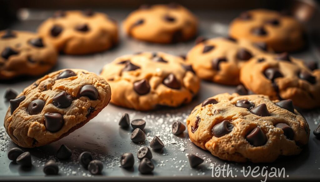 A freshly baked tray of vegan chocolate chip cookies, their rich, dark chocolate chips nestled in a golden, soft-baked dough. The cookies are arranged in a natural, artful manner, illuminated by warm, gentle lighting that casts a cozy, inviting glow. The foreground features a few cookies slightly tilted, showcasing their moist, fluffy interiors. In the middle ground, a scattering of chocolate chips and a light dusting of powdered sugar add visual interest. The background is a simple, minimalist surface, allowing the cookies to take center stage. The overall scene evokes a sense of homemade comfort and indulgence, perfectly capturing the essence of "Delicious Vegan Cookie Variations". A freshly baked tray of vegan chocolate chip cookies, their rich, dark chocolate chips nestled in a golden, soft-baked dough. The cookies are arranged in a natural, artful manner, illuminated by warm, gentle lighting that casts a cozy, inviting glow. The foreground features a few cookies slightly tilted, showcasing their moist, fluffy interiors. In the middle ground, a scattering of chocolate chips and a light dusting of powdered sugar add visual interest. The background is a simple, minimalist surface, allowing the cookies to take center stage. The overall scene evokes a sense of homemade comfort and indulgence, perfectly capturing the essence of "Delicious Vegan Cookie Variations".