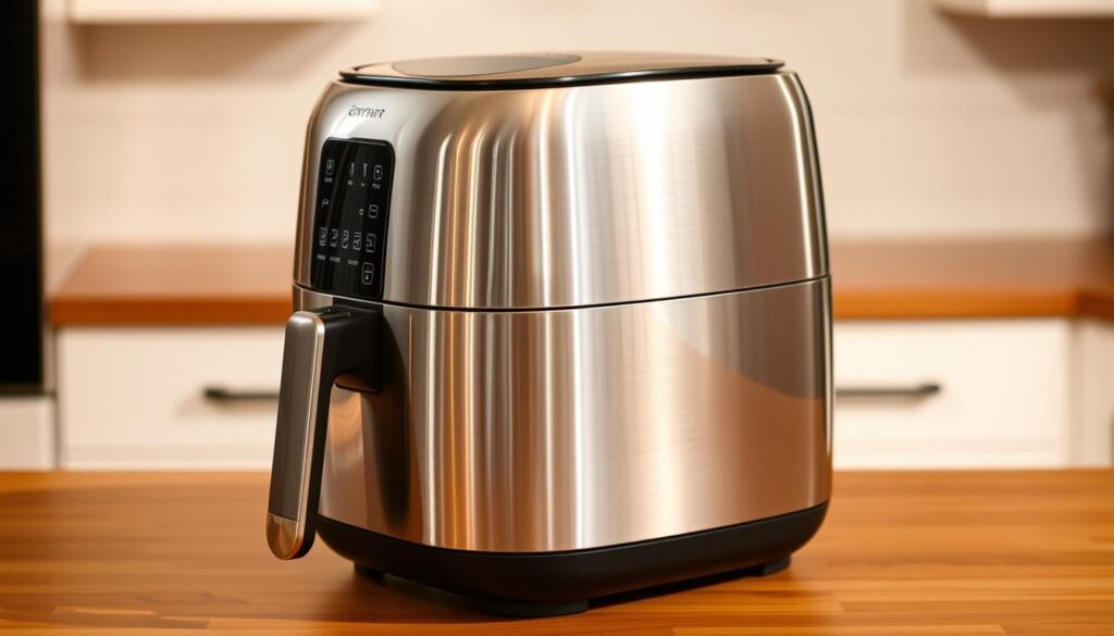 A gleaming, stainless steel air fryer, its sleek, minimalist design standing prominently on a wooden countertop. Warm, natural lighting softly illuminates the appliance, casting subtle shadows that accentuate its clean lines and compact form. The air fryer's control panel is visible, with intuitive buttons and a digital display, hinting at the technological sophistication within. The countertop is uncluttered, allowing the air fryer to be the focal point, emphasizing its importance as a key piece of equipment for the "Crispy Tuna and Potato Croquettes" recipe. A gleaming, stainless steel air fryer, its sleek, minimalist design standing prominently on a wooden countertop. Warm, natural lighting softly illuminates the appliance, casting subtle shadows that accentuate its clean lines and compact form. The air fryer's control panel is visible, with intuitive buttons and a digital display, hinting at the technological sophistication within. The countertop is uncluttered, allowing the air fryer to be the focal point, emphasizing its importance as a key piece of equipment for the "Crispy Tuna and Potato Croquettes" recipe.