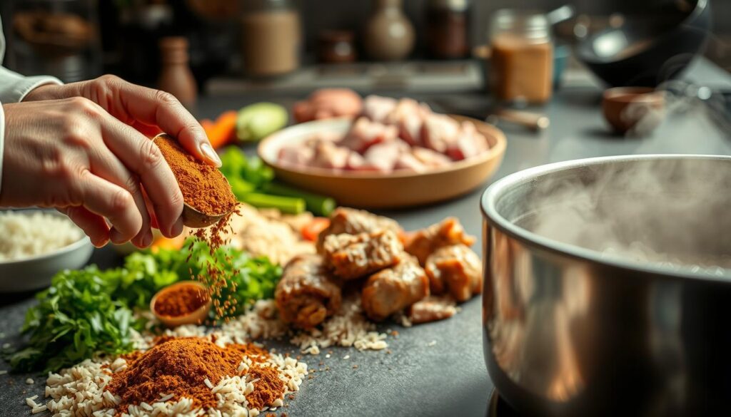 A kitchen counter filled with the vibrant ingredients of Saudi Kabsa - fragrant basmati rice, tender lamb or chicken, aromatic spices, and freshly chopped vegetables. In the foreground, a chef's hands carefully measure and mix the spices, creating a warm, earthy blend. The middle ground shows the meat searing in a large pot, its surface glistening under soft, natural lighting. In the background, steam rises from a simmering pot, hinting at the slow-cooked flavors to come. The scene conveys the care and attention required to craft this beloved national dish, with a sense of cultural tradition and culinary expertise. A kitchen counter filled with the vibrant ingredients of Saudi Kabsa - fragrant basmati rice, tender lamb or chicken, aromatic spices, and freshly chopped vegetables. In the foreground, a chef's hands carefully measure and mix the spices, creating a warm, earthy blend. The middle ground shows the meat searing in a large pot, its surface glistening under soft, natural lighting. In the background, steam rises from a simmering pot, hinting at the slow-cooked flavors to come. The scene conveys the care and attention required to craft this beloved national dish, with a sense of cultural tradition and culinary expertise.
