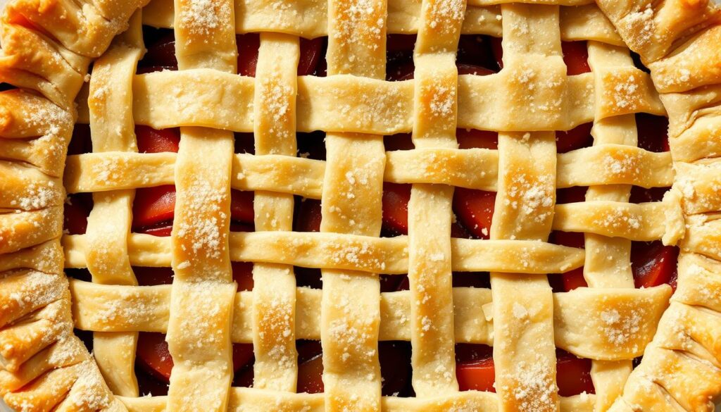 A lattice top pie crust made with flaky, golden-brown pastry, delicately woven into an intricate pattern that allows the fruity filling to peek through. The crust is dusted with a light coating of flour, giving it a rustic, homemade appearance. Soft shadows cast by the intricate lattice work create a sense of depth and texture, while soft, even lighting illuminates the crust's tender, buttery layers. The composition is centered, with the lattice crust filling the frame, creating a visually striking and appetizing image that captures the essence of homemade baking. A lattice top pie crust made with flaky, golden-brown pastry, delicately woven into an intricate pattern that allows the fruity filling to peek through. The crust is dusted with a light coating of flour, giving it a rustic, homemade appearance. Soft shadows cast by the intricate lattice work create a sense of depth and texture, while soft, even lighting illuminates the crust's tender, buttery layers. The composition is centered, with the lattice crust filling the frame, creating a visually striking and appetizing image that captures the essence of homemade baking.