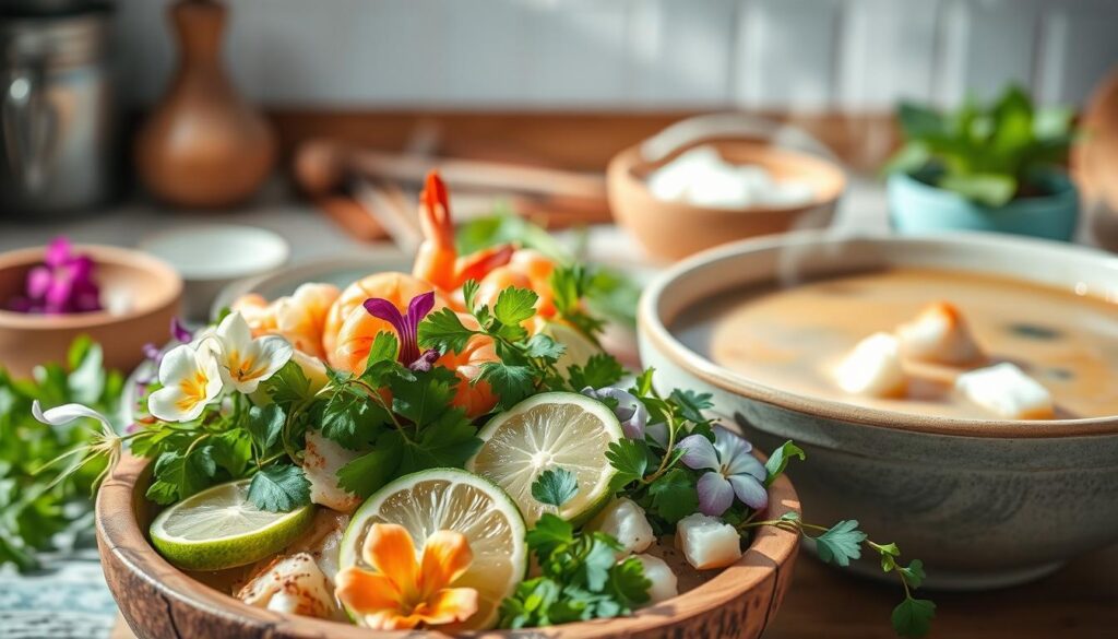A lush, vibrant seafood coconut soup garnish scene set in a warm, sun-dappled kitchen. In the foreground, a rustic wooden bowl overflows with fresh herbs, sliced limes, and delicate edible flowers, their vibrant hues and textures complementing the rich, creamy broth. The middle ground features plump shrimp and tender chunks of white fish, glistening with coconut milk, while the background showcases a selection of whole spices, toasted coconut flakes, and a steaming bowl of the fragrant soup, ready to be served. Soft, diffused lighting casts a gentle glow, evoking a sense of comfort and nourishment. A lush, vibrant seafood coconut soup garnish scene set in a warm, sun-dappled kitchen. In the foreground, a rustic wooden bowl overflows with fresh herbs, sliced limes, and delicate edible flowers, their vibrant hues and textures complementing the rich, creamy broth. The middle ground features plump shrimp and tender chunks of white fish, glistening with coconut milk, while the background showcases a selection of whole spices, toasted coconut flakes, and a steaming bowl of the fragrant soup, ready to be served. Soft, diffused lighting casts a gentle glow, evoking a sense of comfort and nourishment.