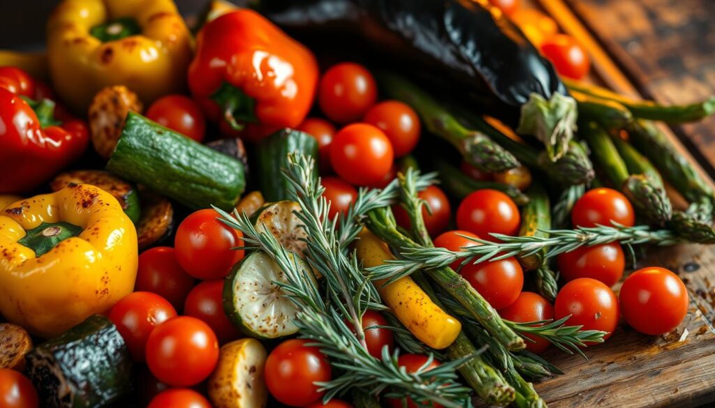 A mouthwatering arrangement of freshly roasted vegetables, bathed in a golden glow from the oven's warm light. In the foreground, a medley of vibrant bell peppers, tender zucchini, and earthy eggplant, their surfaces caramelized to perfection. Surrounding them, plump cherry tomatoes burst with juicy sweetness, while crisp asparagus spears add a touch of verdant elegance. The middle ground features a scattering of fragrant rosemary and thyme, their aromatic oils infusing the vegetables with an irresistible savory aroma. In the background, a glimpse of a rustic wooden table, its weathered surface complementing the natural tones of the produce. This captivating scene invites the viewer to imagine the satisfying crunch and mouthwatering flavors of these oven-roasted delights. A mouthwatering arrangement of freshly roasted vegetables, bathed in a golden glow from the oven's warm light. In the foreground, a medley of vibrant bell peppers, tender zucchini, and earthy eggplant, their surfaces caramelized to perfection. Surrounding them, plump cherry tomatoes burst with juicy sweetness, while crisp asparagus spears add a touch of verdant elegance. The middle ground features a scattering of fragrant rosemary and thyme, their aromatic oils infusing the vegetables with an irresistible savory aroma. In the background, a glimpse of a rustic wooden table, its weathered surface complementing the natural tones of the produce. This captivating scene invites the viewer to imagine the satisfying crunch and mouthwatering flavors of these oven-roasted delights.