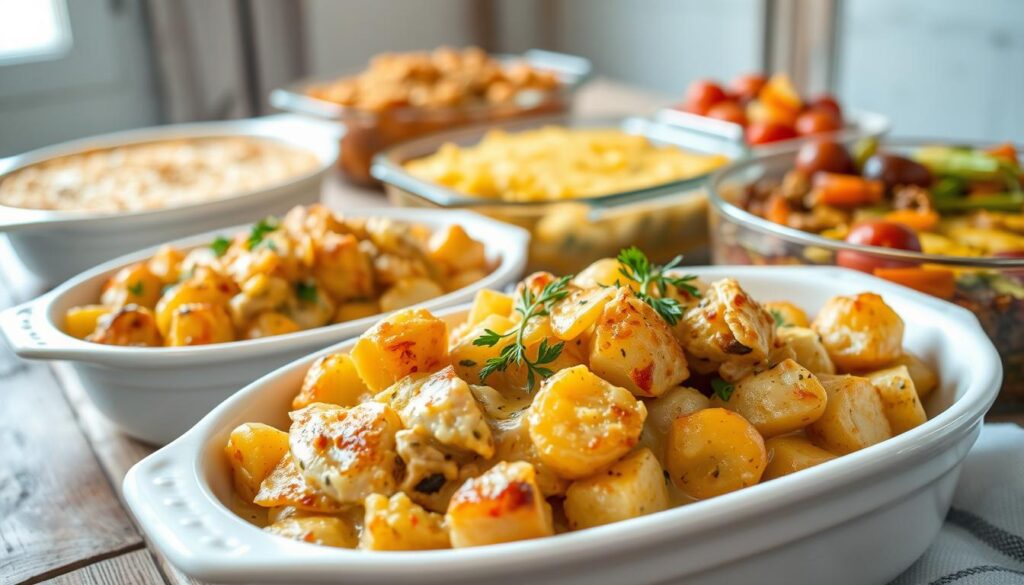 A mouthwatering assortment of chicken and potato casserole variations, baked to golden perfection under a soft glow of natural lighting. In the foreground, a creamy, cheesy casserole with tender chicken and roasted potatoes, garnished with fresh herbs. In the middle ground, a variety of casserole dishes - one with a crunchy breadcrumb topping, another with a hearty, rustic blend of vegetables. The background features a rustic wooden table, with a casual, cozy atmosphere, inviting the viewer to imagine these comforting dishes gracing a family gathering or cozy dinner. A mouthwatering assortment of chicken and potato casserole variations, baked to golden perfection under a soft glow of natural lighting. In the foreground, a creamy, cheesy casserole with tender chicken and roasted potatoes, garnished with fresh herbs. In the middle ground, a variety of casserole dishes - one with a crunchy breadcrumb topping, another with a hearty, rustic blend of vegetables. The background features a rustic wooden table, with a casual, cozy atmosphere, inviting the viewer to imagine these comforting dishes gracing a family gathering or cozy dinner.