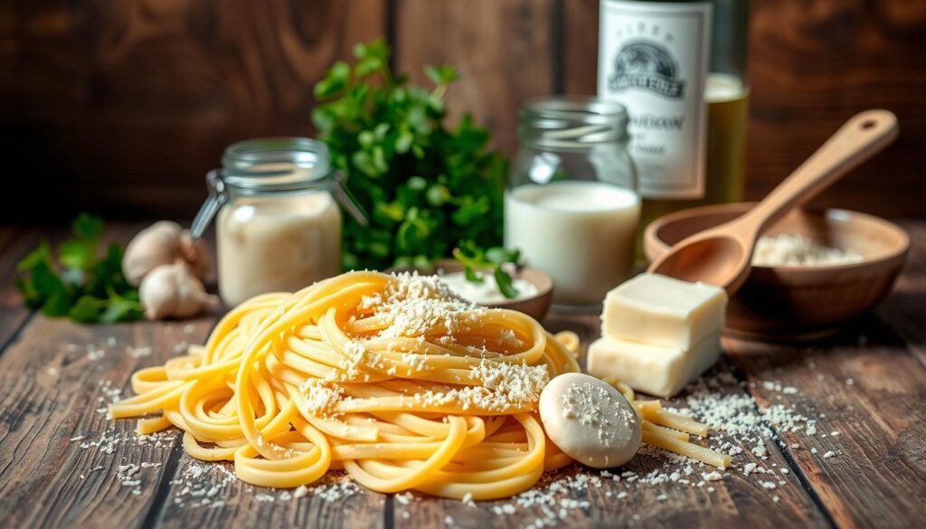 A neatly arranged still life of creamy fettuccine alfredo ingredients on a rustic wooden table. In the foreground, a pile of fresh fettuccine pasta, grated parmesan cheese, and a pat of butter. In the middle ground, a glass jar of minced garlic, a wooden spoon, and a small bowl of heavy cream. The background features a bottle of white wine and a bundle of fresh parsley. Soft, warm lighting from an unseen source casts a cozy glow over the scene, highlighting the textures and colors of the ingredients. The composition is balanced and inviting, conveying the rich, indulgent nature of this classic Italian dish. A neatly arranged still life of creamy fettuccine alfredo ingredients on a rustic wooden table. In the foreground, a pile of fresh fettuccine pasta, grated parmesan cheese, and a pat of butter. In the middle ground, a glass jar of minced garlic, a wooden spoon, and a small bowl of heavy cream. The background features a bottle of white wine and a bundle of fresh parsley. Soft, warm lighting from an unseen source casts a cozy glow over the scene, highlighting the textures and colors of the ingredients. The composition is balanced and inviting, conveying the rich, indulgent nature of this classic Italian dish.