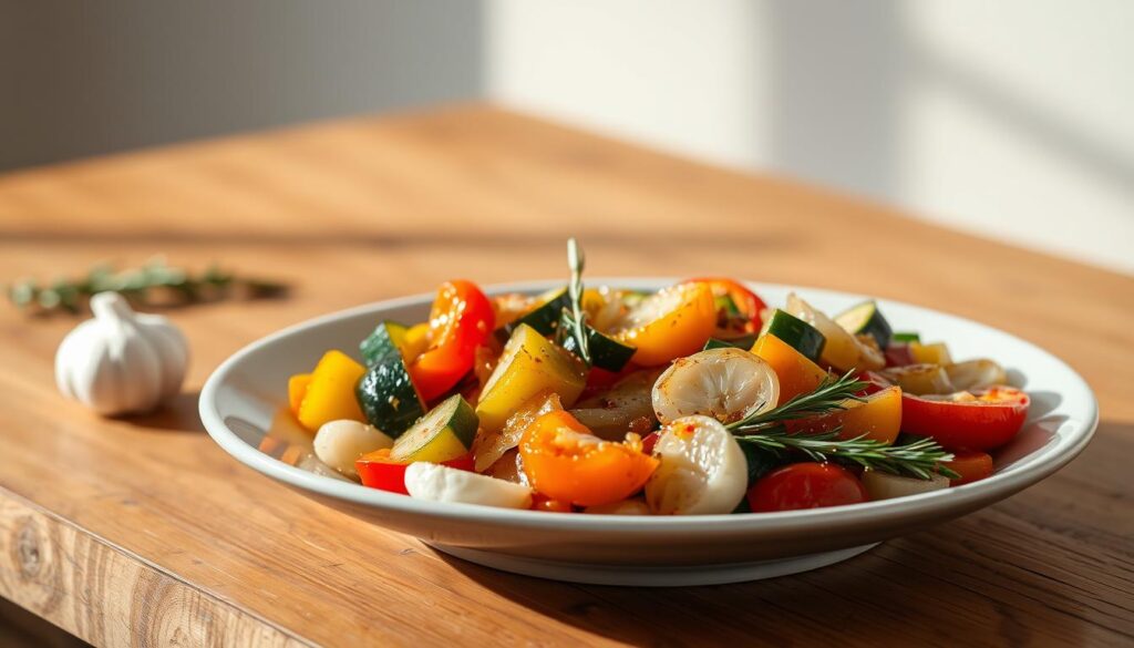 A plate of sautéed vegetables sits atop a wooden table, bathed in warm, natural lighting. The foreground features a vibrant medley of bell peppers, zucchini, and onions, sizzling with a golden-brown caramelization. In the middle ground, garlic cloves and fresh herbs, such as thyme and rosemary, add depth and aroma to the dish. The background showcases a minimalist, rustic setting, with subtle textures of the wooden surface and a neutral-toned wall, creating a cozy, inviting atmosphere. The overall composition conveys a sense of simplicity, freshness, and the comforting essence of a home-cooked meal. A plate of sautéed vegetables sits atop a wooden table, bathed in warm, natural lighting. The foreground features a vibrant medley of bell peppers, zucchini, and onions, sizzling with a golden-brown caramelization. In the middle ground, garlic cloves and fresh herbs, such as thyme and rosemary, add depth and aroma to the dish. The background showcases a minimalist, rustic setting, with subtle textures of the wooden surface and a neutral-toned wall, creating a cozy, inviting atmosphere. The overall composition conveys a sense of simplicity, freshness, and the comforting essence of a home-cooked meal.