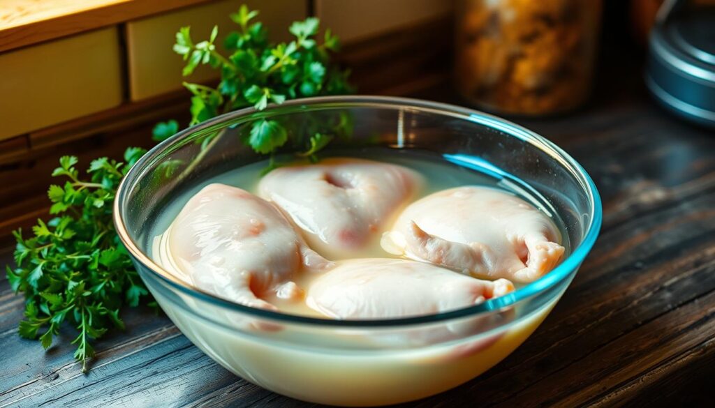 A rustic kitchen counter, bathed in warm, golden light. On the surface, a glass bowl filled with a clear brine solution, cradling several chicken breasts. Droplets of moisture cling to the skin, hinting at the transformative power of this simple yet vital process. Alongside, a bundle of fresh herbs, their green hues complementing the raw, unprocessed meat. The scene exudes a sense of culinary anticipation, a prelude to the crisp, juicy chicken that will emerge from this simple, time-honored technique. A rustic kitchen counter, bathed in warm, golden light. On the surface, a glass bowl filled with a clear brine solution, cradling several chicken breasts. Droplets of moisture cling to the skin, hinting at the transformative power of this simple yet vital process. Alongside, a bundle of fresh herbs, their green hues complementing the raw, unprocessed meat. The scene exudes a sense of culinary anticipation, a prelude to the crisp, juicy chicken that will emerge from this simple, time-honored technique.