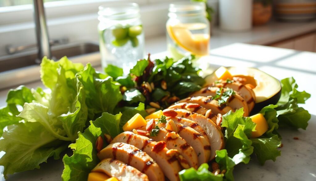 A sun-dappled kitchen counter showcases a vibrant spread of Grilled Chicken Salad ingredients. In the foreground, crisp romaine lettuce leaves, juicy grilled chicken breast slices, and vibrant mango and avocado chunks. The middle ground features a sprinkle of toasted slivered almonds, a drizzle of creamy honey-mustard dressing, and a scattering of fresh herbs. In the background, a mason jar filled with crystal-clear water and a lemon wedge adds a refreshing touch. Soft, natural lighting casts a warm glow over the scene, creating an appetizing and inviting atmosphere. A sun-dappled kitchen counter showcases a vibrant spread of Grilled Chicken Salad ingredients. In the foreground, crisp romaine lettuce leaves, juicy grilled chicken breast slices, and vibrant mango and avocado chunks. The middle ground features a sprinkle of toasted slivered almonds, a drizzle of creamy honey-mustard dressing, and a scattering of fresh herbs. In the background, a mason jar filled with crystal-clear water and a lemon wedge adds a refreshing touch. Soft, natural lighting casts a warm glow over the scene, creating an appetizing and inviting atmosphere.