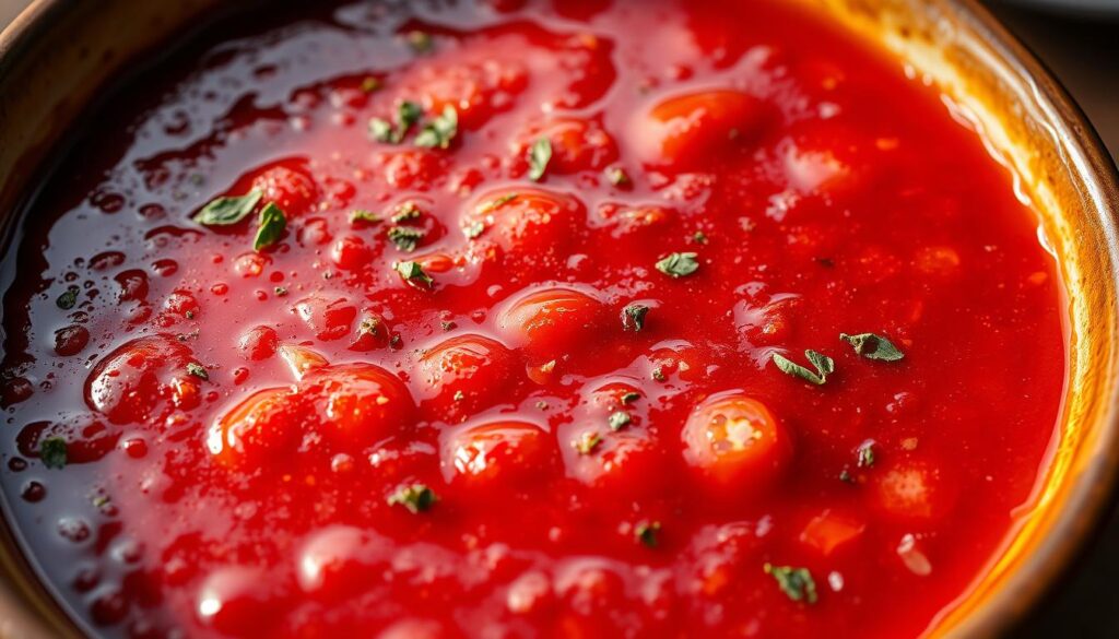 A thick, glossy pool of deep crimson tomato sauce, glistening under warm lighting. Specks of oregano, garlic, and onion dot the surface, hinting at the savory flavors within. The sauce cascades gracefully down the sides of a ceramic bowl, casting soft shadows that add depth and dimension. The overall scene conveys a sense of rustic, homemade comfort, perfectly suited for a delectable fish dish. A thick, glossy pool of deep crimson tomato sauce, glistening under warm lighting. Specks of oregano, garlic, and onion dot the surface, hinting at the savory flavors within. The sauce cascades gracefully down the sides of a ceramic bowl, casting soft shadows that add depth and dimension. The overall scene conveys a sense of rustic, homemade comfort, perfectly suited for a delectable fish dish.
