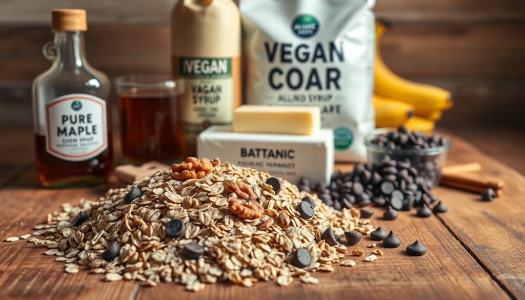 A well-lit, high-angle studio shot of an assortment of essential vegan cookie ingredients arranged on a rustic wooden table. In the foreground, a pile of wholesome rolled oats, toasted walnuts, and a scattering of dark chocolate chips. In the middle ground, a glass jar of pure maple syrup, a block of vegan butter, and a bag of organic all-purpose flour. In the background, a bundle of fresh cinnamon sticks and a few ripe bananas. The lighting is warm and diffuse, casting soft shadows and highlighting the natural textures of the ingredients. The overall mood is inviting, homey, and evocative of wholesome, healthful baking. A well-lit, high-angle studio shot of an assortment of essential vegan cookie ingredients arranged on a rustic wooden table. In the foreground, a pile of wholesome rolled oats, toasted walnuts, and a scattering of dark chocolate chips. In the middle ground, a glass jar of pure maple syrup, a block of vegan butter, and a bag of organic all-purpose flour. In the background, a bundle of fresh cinnamon sticks and a few ripe bananas. The lighting is warm and diffuse, casting soft shadows and highlighting the natural textures of the ingredients. The overall mood is inviting, homey, and evocative of wholesome, healthful baking.