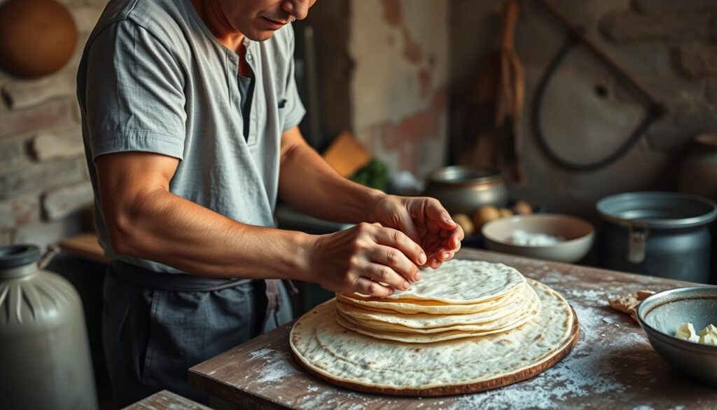 Create an image of a person making Mexican tortilla bread Create an image of a person making Mexican tortilla bread