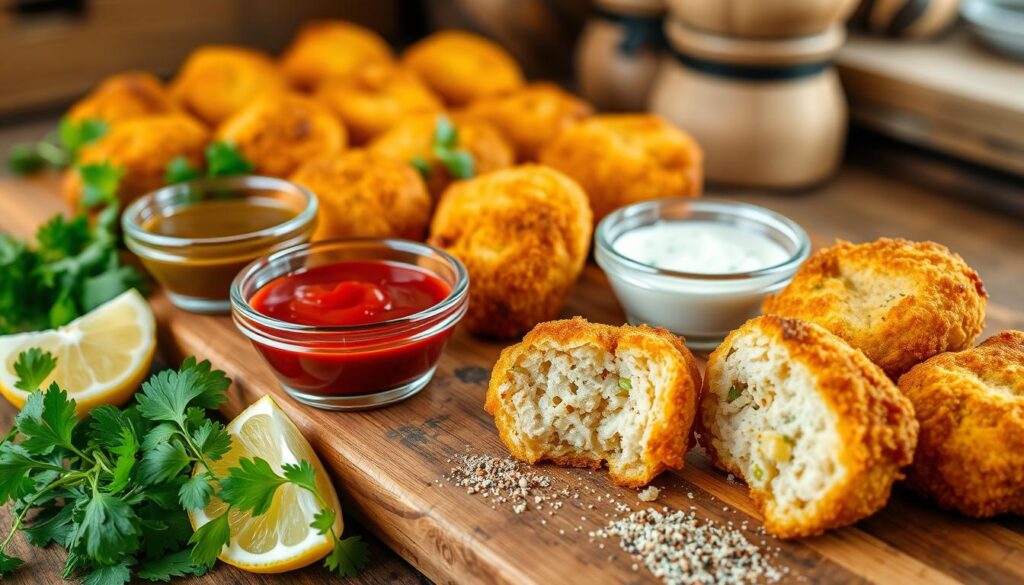 Crisp and golden tuna croquettes, arranged on a wooden board, accompanied by various dipping sauces. In the foreground, a selection of fresh herbs, lemon wedges, and seasoning blends, hinting at the flavor customizations. The middle ground showcases the croquettes themselves, with crispy exteriors and moist, flaky interiors. The background features a rustic kitchen setting, with hints of weathered wood and natural light filtering through. The overall mood is one of homemade comfort and culinary experimentation, inviting the viewer to imagine the endless possibilities for these tasty tuna-based treats. Crisp and golden tuna croquettes, arranged on a wooden board, accompanied by various dipping sauces. In the foreground, a selection of fresh herbs, lemon wedges, and seasoning blends, hinting at the flavor customizations. The middle ground showcases the croquettes themselves, with crispy exteriors and moist, flaky interiors. The background features a rustic kitchen setting, with hints of weathered wood and natural light filtering through. The overall mood is one of homemade comfort and culinary experimentation, inviting the viewer to imagine the endless possibilities for these tasty tuna-based treats.
