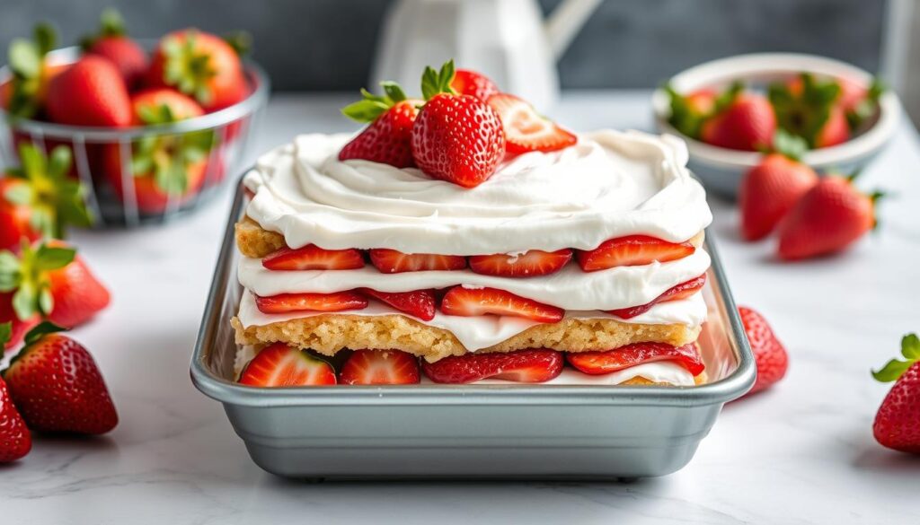 Generate an image of a Classic Strawberry Dream Dessert in a 9x9 pan. Generate an image of a Classic Strawberry Dream Dessert in a 9x9 pan.