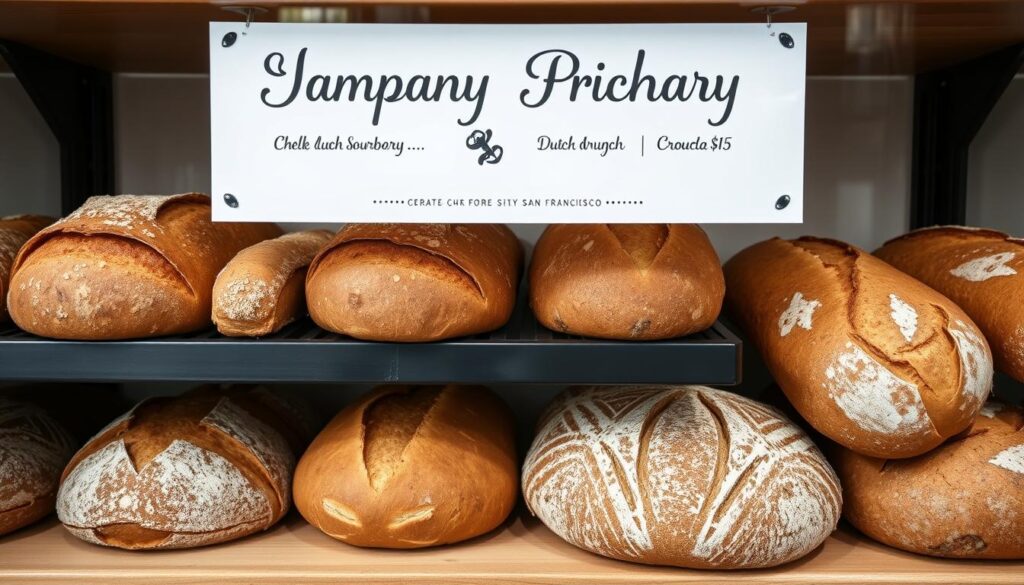 Generate an image of a San Francisco bakery shelf with fresh sourdough and Dutch crunch bread loaves. Generate an image of a San Francisco bakery shelf with fresh sourdough and Dutch crunch bread loaves.