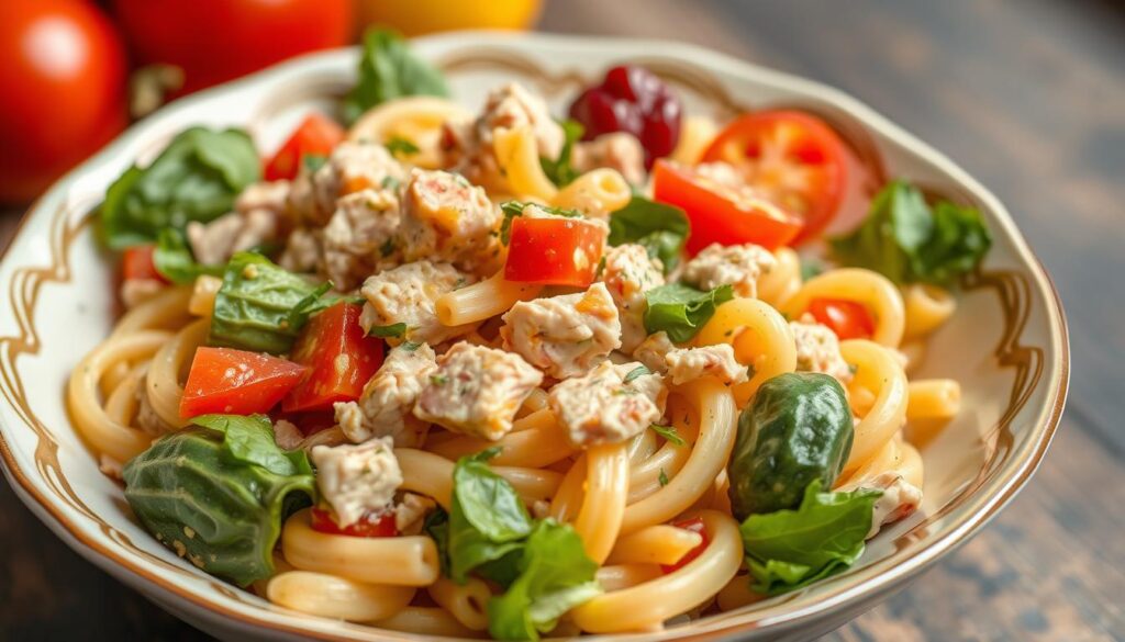 Generate an image of a delicious tuna pasta salad in a bowl. Generate an image of a delicious tuna pasta salad in a bowl.
