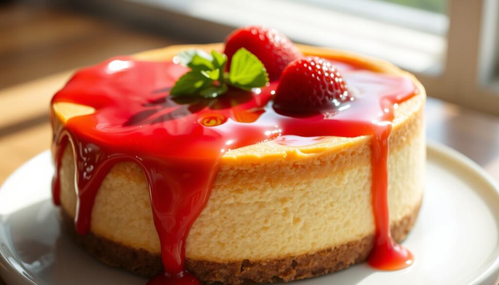 New York cheesecake with strawberry sauce New York cheesecake with strawberry sauce