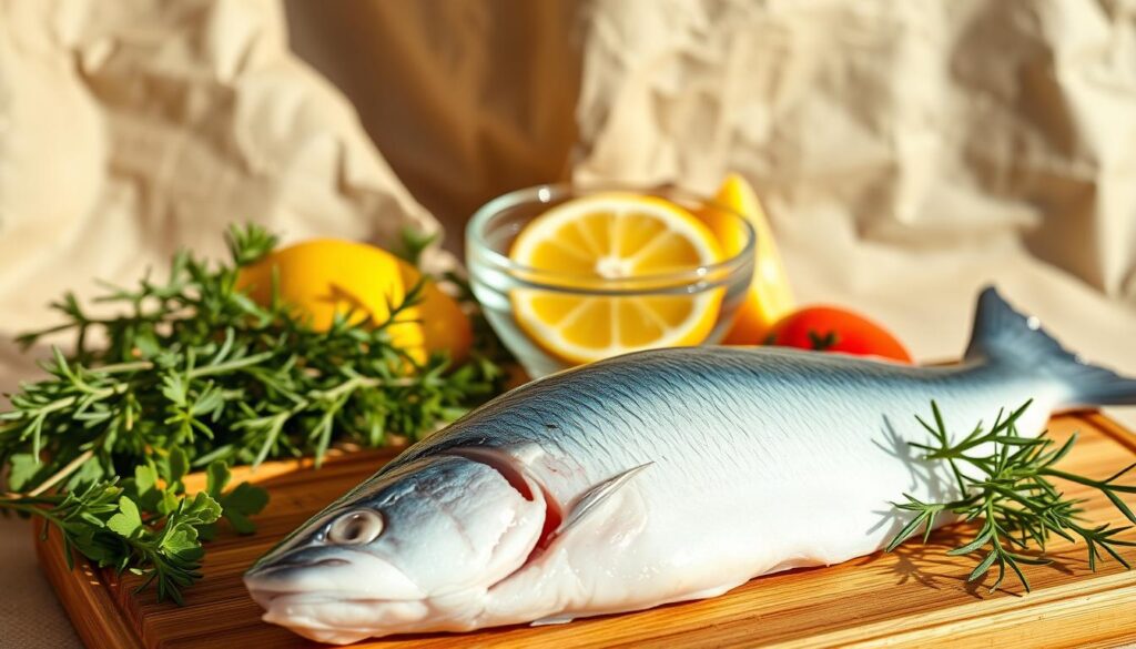 A bountiful still life of mahi mahi ingredients, captured in warm, natural lighting. In the foreground, a fresh mahi mahi fillet sits atop a wooden cutting board, its vibrant blue-green skin and firm white flesh glistening. Surrounding it are aromatic herbs, such as thyme and rosemary, their delicate leaves and stems adding a touch of earthy elegance. In the middle ground, a glass bowl overflows with bright lemon wedges, their citrus aroma mingling with the other ingredients. In the background, a backdrop of neutral-toned linen or parchment paper provides a clean, uncluttered canvas, allowing the vibrant colors and textures of the seafood and produce to take center stage. A bountiful still life of mahi mahi ingredients, captured in warm, natural lighting. In the foreground, a fresh mahi mahi fillet sits atop a wooden cutting board, its vibrant blue-green skin and firm white flesh glistening. Surrounding it are aromatic herbs, such as thyme and rosemary, their delicate leaves and stems adding a touch of earthy elegance. In the middle ground, a glass bowl overflows with bright lemon wedges, their citrus aroma mingling with the other ingredients. In the background, a backdrop of neutral-toned linen or parchment paper provides a clean, uncluttered canvas, allowing the vibrant colors and textures of the seafood and produce to take center stage.
