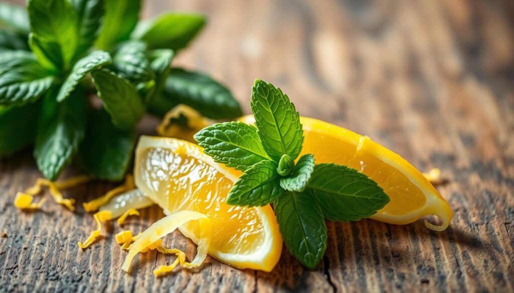 A close-up still life photograph of freshly picked lemon zest and mint leaves arranged in an artful, natural manner on a rustic wooden surface. The lemon zest is golden-yellow and glistening, with a subtle texture. The mint leaves are deep green with vibrant, jagged edges. Soft, natural lighting from the side casts gentle shadows, highlighting the curves and details of the ingredients. The composition is balanced and visually appealing, with a sense of simplicity and freshness that evokes the flavors of homemade lemon mint ice cream. A close-up still life photograph of freshly picked lemon zest and mint leaves arranged in an artful, natural manner on a rustic wooden surface. The lemon zest is golden-yellow and glistening, with a subtle texture. The mint leaves are deep green with vibrant, jagged edges. Soft, natural lighting from the side casts gentle shadows, highlighting the curves and details of the ingredients. The composition is balanced and visually appealing, with a sense of simplicity and freshness that evokes the flavors of homemade lemon mint ice cream.