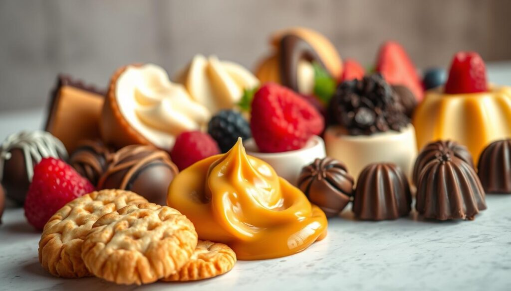 A delectable array of dessert variations and substitutions, meticulously arranged in a captivating still life composition. In the foreground, an assortment of flaky, golden-brown lotus biscuits, accompanied by a luscious caramel cream, its silky texture begging to be savored. In the middle ground, a diverse selection of alternative dessert options, from rich chocolate truffles to fresh berries and creamy panna cotta. The background is softly lit, casting a warm, inviting glow over the entire scene, evoking a sense of indulgence and culinary exploration. The image is captured through a wide-angle lens, allowing the viewer to fully immerse themselves in the tempting display of dessert delights. A delectable array of dessert variations and substitutions, meticulously arranged in a captivating still life composition. In the foreground, an assortment of flaky, golden-brown lotus biscuits, accompanied by a luscious caramel cream, its silky texture begging to be savored. In the middle ground, a diverse selection of alternative dessert options, from rich chocolate truffles to fresh berries and creamy panna cotta. The background is softly lit, casting a warm, inviting glow over the entire scene, evoking a sense of indulgence and culinary exploration. The image is captured through a wide-angle lens, allowing the viewer to fully immerse themselves in the tempting display of dessert delights.