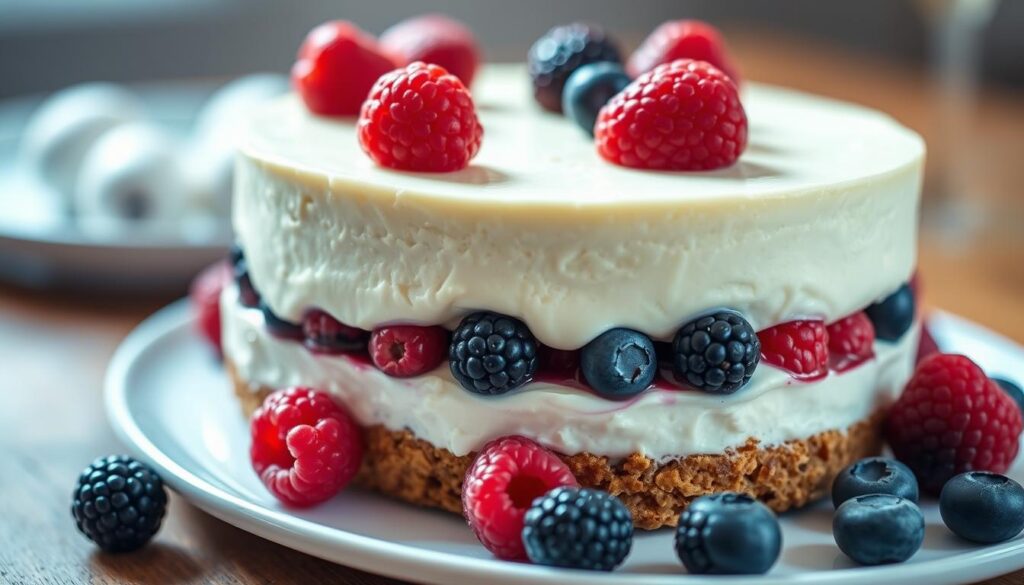 A delightful no-bake cheesecake with a creamy, velvety texture sits atop a crisp graham cracker crust. Fresh, juicy berries - ruby-red raspberries, plump blueberries, and glistening blackberries - are artfully arranged around the cake, lending vibrant pops of color. The dessert is illuminated by soft, diffused lighting, creating a warm, inviting atmosphere. The camera captures the scene from a slightly elevated angle, highlighting the layers and textures of this irresistible treat. The overall mood is one of effortless elegance and celebration, perfect for a last-minute Easter gathering. A delightful no-bake cheesecake with a creamy, velvety texture sits atop a crisp graham cracker crust. Fresh, juicy berries - ruby-red raspberries, plump blueberries, and glistening blackberries - are artfully arranged around the cake, lending vibrant pops of color. The dessert is illuminated by soft, diffused lighting, creating a warm, inviting atmosphere. The camera captures the scene from a slightly elevated angle, highlighting the layers and textures of this irresistible treat. The overall mood is one of effortless elegance and celebration, perfect for a last-minute Easter gathering.