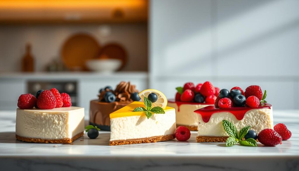 A lush, inviting display of no-bake cheesecake variations in a softly lit, minimalist kitchen setting. An array of creamy, artfully presented cheesecake slices in different flavors - classic vanilla, rich chocolate, tangy lemon, and vibrant berry. The cheesecakes are showcased on a sleek, marble countertop, with a few scattered fresh berries and mint leaves providing natural accents. Warm, indirect lighting casts a gentle glow, highlighting the smooth, velvety textures of the desserts. The overall mood is one of sophistication and indulgence, inviting the viewer to savor the delectable, oven-free treats. A lush, inviting display of no-bake cheesecake variations in a softly lit, minimalist kitchen setting. An array of creamy, artfully presented cheesecake slices in different flavors - classic vanilla, rich chocolate, tangy lemon, and vibrant berry. The cheesecakes are showcased on a sleek, marble countertop, with a few scattered fresh berries and mint leaves providing natural accents. Warm, indirect lighting casts a gentle glow, highlighting the smooth, velvety textures of the desserts. The overall mood is one of sophistication and indulgence, inviting the viewer to savor the delectable, oven-free treats.