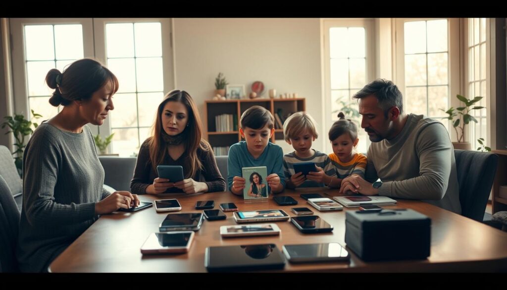 A modern home interior, bathed in warm, natural light streaming through large windows. In the foreground, a family of four - a single mother, her two children, and the ex-husband - gathered around a dining table, engaged in tense yet subdued conversation. Their expressions convey a mix of unease, nostalgia, and a hint of cautious optimism. Smartphones and tablets lie scattered on the table, hinting at the pervasive presence of social media in their lives. The middle ground features family photographs and mementos, a visual representation of their shared history. In the background, a bookshelf and potted plants suggest an atmosphere of quiet introspection. The overall mood is one of fragile equilibrium, as the family navigates the complexities of their dynamic in the digital age. A modern home interior, bathed in warm, natural light streaming through large windows. In the foreground, a family of four - a single mother, her two children, and the ex-husband - gathered around a dining table, engaged in tense yet subdued conversation. Their expressions convey a mix of unease, nostalgia, and a hint of cautious optimism. Smartphones and tablets lie scattered on the table, hinting at the pervasive presence of social media in their lives. The middle ground features family photographs and mementos, a visual representation of their shared history. In the background, a bookshelf and potted plants suggest an atmosphere of quiet introspection. The overall mood is one of fragile equilibrium, as the family navigates the complexities of their dynamic in the digital age.