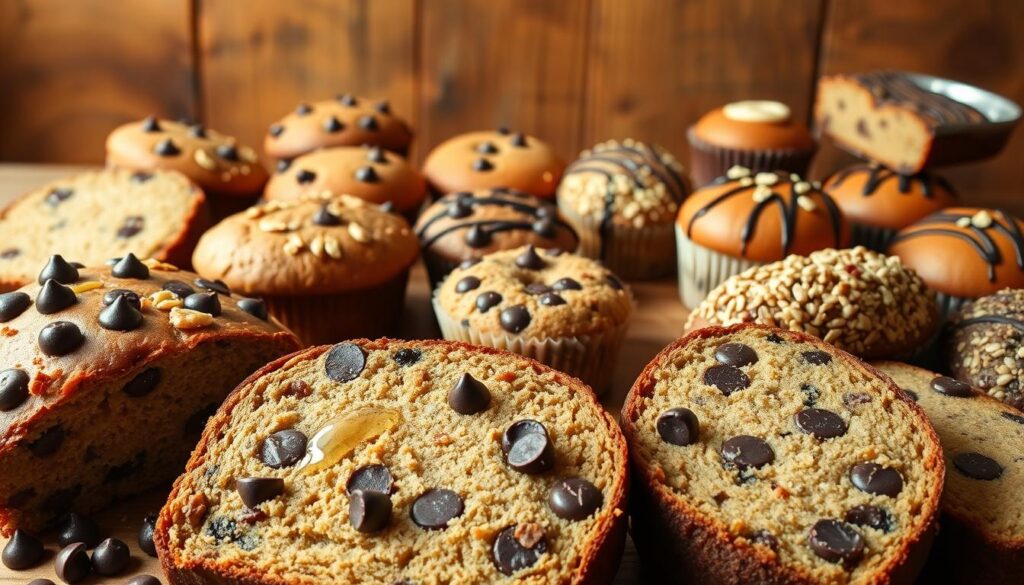 A mouth-watering assortment of chocolate chip banana bread variations, showcased against a rustic wooden backdrop. In the foreground, thick slices of moist, golden banana bread studded with melted chocolate chips, garnished with a sprinkle of chopped nuts and a drizzle of honey. In the middle ground, a variety of baked goods, including mini loaves, muffins, and even banana bread bites, each with its own unique twist - some swirled with cinnamon, others topped with streusel or stripes of chocolate. The background is bathed in warm, natural lighting, highlighting the rich, inviting tones of the baked goods and creating a cozy, artisanal atmosphere. A mouth-watering assortment of chocolate chip banana bread variations, showcased against a rustic wooden backdrop. In the foreground, thick slices of moist, golden banana bread studded with melted chocolate chips, garnished with a sprinkle of chopped nuts and a drizzle of honey. In the middle ground, a variety of baked goods, including mini loaves, muffins, and even banana bread bites, each with its own unique twist - some swirled with cinnamon, others topped with streusel or stripes of chocolate. The background is bathed in warm, natural lighting, highlighting the rich, inviting tones of the baked goods and creating a cozy, artisanal atmosphere.