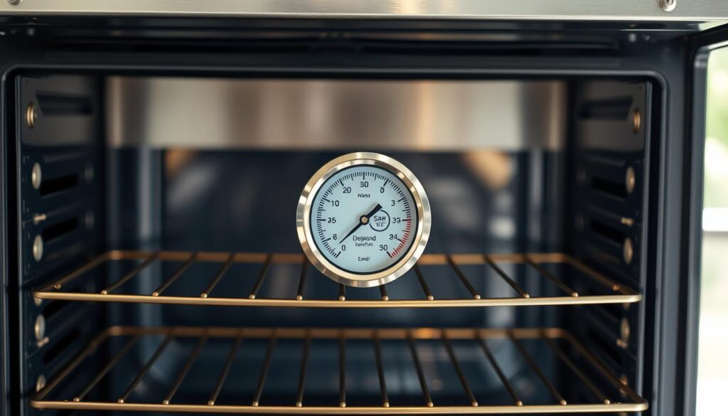 A stainless steel oven thermometer mounted on the center rack of a modern convection oven, displaying the optimal temperature range for baking delicate seafood like dolphin fish. The thermometer's display is clearly legible, illuminated by soft natural light filtering through a large window. The interior of the oven is clean and pristine, with a slightly hazy blue-gray tone reflecting the even heat distribution. The overall scene conveys a sense of culinary precision and attention to detail, setting the stage for the perfect baked seafood dish. A stainless steel oven thermometer mounted on the center rack of a modern convection oven, displaying the optimal temperature range for baking delicate seafood like dolphin fish. The thermometer's display is clearly legible, illuminated by soft natural light filtering through a large window. The interior of the oven is clean and pristine, with a slightly hazy blue-gray tone reflecting the even heat distribution. The overall scene conveys a sense of culinary precision and attention to detail, setting the stage for the perfect baked seafood dish.