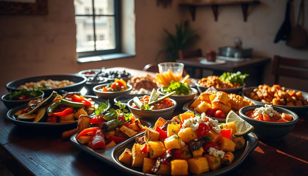 A vibrant spread of Mexican vegetable dishes is artfully arranged on a rustic wooden table, bathed in the warm glow of natural light filtering through a nearby window. In the foreground, a colorful assortment of roasted vegetables, including zucchini, bell peppers, and corn, are elegantly plated, their textures and colors accentuated by a subtle chiaroscuro effect. In the middle ground, a selection of salsas and garnishes, such as freshly chopped cilantro, lime wedges, and crumbled queso fresco, add depth and contrast to the presentation. The background features a glimpse of a simple, yet inviting Mexican-inspired setting, with textured walls and a hint of traditional decor, creating an authentic and appetizing atmosphere. A vibrant spread of Mexican vegetable dishes is artfully arranged on a rustic wooden table, bathed in the warm glow of natural light filtering through a nearby window. In the foreground, a colorful assortment of roasted vegetables, including zucchini, bell peppers, and corn, are elegantly plated, their textures and colors accentuated by a subtle chiaroscuro effect. In the middle ground, a selection of salsas and garnishes, such as freshly chopped cilantro, lime wedges, and crumbled queso fresco, add depth and contrast to the presentation. The background features a glimpse of a simple, yet inviting Mexican-inspired setting, with textured walls and a hint of traditional decor, creating an authentic and appetizing atmosphere.
