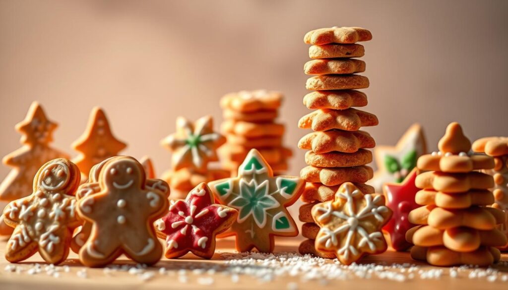 Delicate, artfully stacked Christmas cookies in various festive shapes and colors, bathed in warm, soft lighting that casts gentle shadows. The cookies are arranged in an elegant, eye-catching display, with some standing tall while others lean gently against each other, creating a harmonious, whimsical composition. The foreground features a variety of cookie designs, including gingerbread men, snowflakes, and holly leaves, each meticulously detailed. The middle ground showcases the creative stacking technique, with the cookies forming dynamic, sculptural shapes. The background is subtly blurred, allowing the cookies to be the clear focal point, exuding a cozy, holiday atmosphere. Delicate, artfully stacked Christmas cookies in various festive shapes and colors, bathed in warm, soft lighting that casts gentle shadows. The cookies are arranged in an elegant, eye-catching display, with some standing tall while others lean gently against each other, creating a harmonious, whimsical composition. The foreground features a variety of cookie designs, including gingerbread men, snowflakes, and holly leaves, each meticulously detailed. The middle ground showcases the creative stacking technique, with the cookies forming dynamic, sculptural shapes. The background is subtly blurred, allowing the cookies to be the clear focal point, exuding a cozy, holiday atmosphere.
