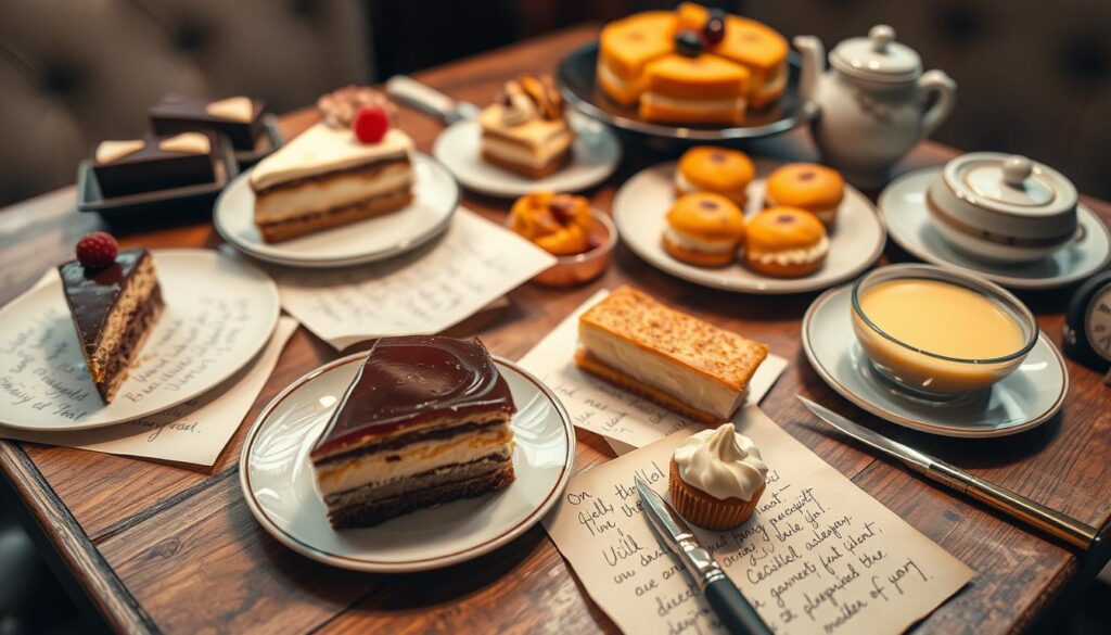Elegant table setting with an assortment of delectable desserts, including decadent cakes, flaky pastries, and creamy puddings. Customers provide handwritten reviews, scribbled on vintage paper, capturing their delighted reactions and culinary insights. Soft lighting casts a warm glow, creating an inviting atmosphere. The composition features a mixture of close-up and angled shots, highlighting the intricate details of each dessert and the personal touch of the customer feedback. Vintage-inspired elements, such as a wooden table and antique writing instruments, lend a nostalgic charm to the scene. Elegant table setting with an assortment of delectable desserts, including decadent cakes, flaky pastries, and creamy puddings. Customers provide handwritten reviews, scribbled on vintage paper, capturing their delighted reactions and culinary insights. Soft lighting casts a warm glow, creating an inviting atmosphere. The composition features a mixture of close-up and angled shots, highlighting the intricate details of each dessert and the personal touch of the customer feedback. Vintage-inspired elements, such as a wooden table and antique writing instruments, lend a nostalgic charm to the scene.