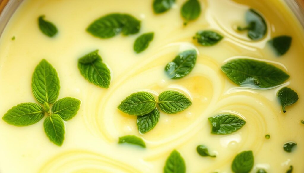 Strain mixture of freshly muddled lemon and mint leaves, suspended in a creamy, pale yellow base. Intricate swirls of flavors captured in a high-resolution close-up, illuminated by soft, diffused natural lighting from an overhead window. Textural details of the ingredients stand out, with a shallow depth of field that draws the eye to the center of the frame. Conveying the fresh, aromatic, and indulgent qualities of the homemade ice cream ingredients. Strain mixture of freshly muddled lemon and mint leaves, suspended in a creamy, pale yellow base. Intricate swirls of flavors captured in a high-resolution close-up, illuminated by soft, diffused natural lighting from an overhead window. Textural details of the ingredients stand out, with a shallow depth of field that draws the eye to the center of the frame. Conveying the fresh, aromatic, and indulgent qualities of the homemade ice cream ingredients.