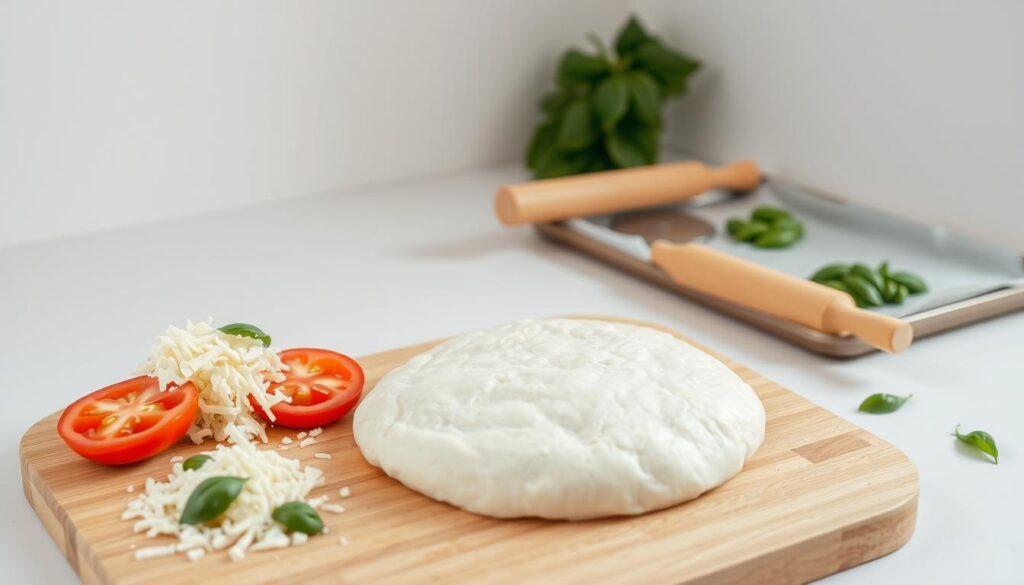 A clean, minimalistic kitchen counter with a selection of fresh ingredients for low-carb pizza preparation. In the foreground, a kneaded chicken-based pizza dough rests on a wooden board, accompanied by grated mozzarella cheese, sliced tomatoes, and chopped fresh basil leaves. In the middle ground, a rolling pin and a pizza cutter lie next to a baking sheet lined with parchment paper. The background features a clean, neutral-toned wall, providing a simple, uncluttered backdrop. Soft, natural lighting illuminates the scene, creating a warm, inviting atmosphere for the step-by-step pizza preparation process. A clean, minimalistic kitchen counter with a selection of fresh ingredients for low-carb pizza preparation. In the foreground, a kneaded chicken-based pizza dough rests on a wooden board, accompanied by grated mozzarella cheese, sliced tomatoes, and chopped fresh basil leaves. In the middle ground, a rolling pin and a pizza cutter lie next to a baking sheet lined with parchment paper. The background features a clean, neutral-toned wall, providing a simple, uncluttered backdrop. Soft, natural lighting illuminates the scene, creating a warm, inviting atmosphere for the step-by-step pizza preparation process.