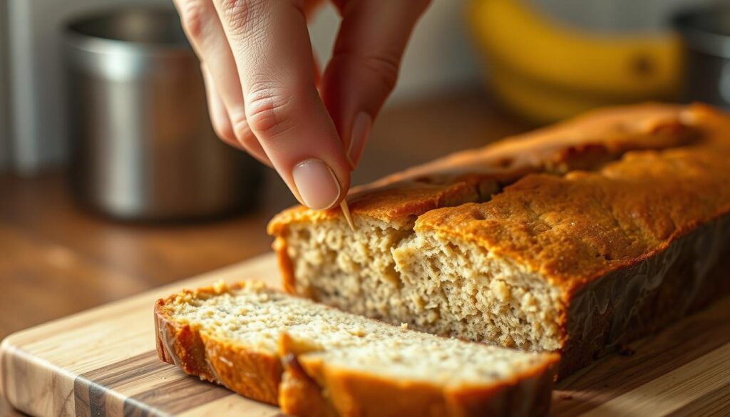 A close-up shot of a hand gently pressing a toothpick into a freshly baked gluten-free banana bread, checking for doneness. The bread is on a wooden cutting board, with a warm, golden-brown crust and a soft, moist interior. Warm lighting from above casts a cozy glow, highlighting the delicate texture of the bread. The scene is crisp and in focus, with a shallow depth of field that blurs the background, drawing the viewer's attention to the moment of testing the bread's readiness. The image conveys a sense of care and attention to detail, perfectly capturing the "Perfecting the Texture: Baking and Timing" section of the article. A close-up shot of a hand gently pressing a toothpick into a freshly baked gluten-free banana bread, checking for doneness. The bread is on a wooden cutting board, with a warm, golden-brown crust and a soft, moist interior. Warm lighting from above casts a cozy glow, highlighting the delicate texture of the bread. The scene is crisp and in focus, with a shallow depth of field that blurs the background, drawing the viewer's attention to the moment of testing the bread's readiness. The image conveys a sense of care and attention to detail, perfectly capturing the "Perfecting the Texture: Baking and Timing" section of the article.