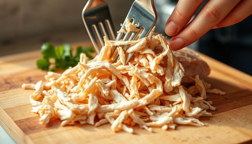 A close-up view of chicken breasts being shredded with two forks, showcasing the delicate, tender texture. The chicken is placed on a wooden cutting board, with a neutral background to emphasize the action. Warm, natural lighting casts a gentle glow, creating a comforting and inviting atmosphere. The shredding motion is crisp and dynamic, capturing the process of preparing the chicken for a creamy white enchilada dish. The image should convey the simplicity and effortlessness of this essential step in the recipe. A close-up view of chicken breasts being shredded with two forks, showcasing the delicate, tender texture. The chicken is placed on a wooden cutting board, with a neutral background to emphasize the action. Warm, natural lighting casts a gentle glow, creating a comforting and inviting atmosphere. The shredding motion is crisp and dynamic, capturing the process of preparing the chicken for a creamy white enchilada dish. The image should convey the simplicity and effortlessness of this essential step in the recipe.
