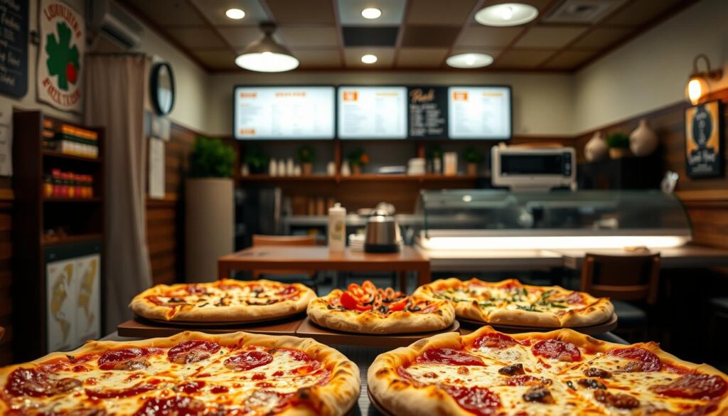 A cozy Italian pizzeria, its warm lighting casting a inviting glow. In the foreground, a selection of freshly baked pizzas, their crusts golden and toppings glistening. Behind them, a clean, modern counter where customers can order and pick up their meals. In the background, a few small tables and chairs, hinting at the dine-in experience. The scene evokes the comforts of home-cooked Italian cuisine, with an effortless, efficient layout that caters to the needs of today's busy diners. A cozy Italian pizzeria, its warm lighting casting a inviting glow. In the foreground, a selection of freshly baked pizzas, their crusts golden and toppings glistening. Behind them, a clean, modern counter where customers can order and pick up their meals. In the background, a few small tables and chairs, hinting at the dine-in experience. The scene evokes the comforts of home-cooked Italian cuisine, with an effortless, efficient layout that caters to the needs of today's busy diners.