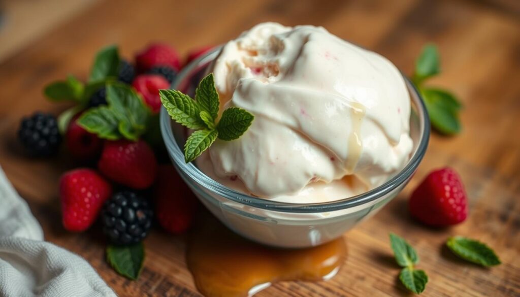 A creamy, luscious no-churn ice cream scooped into a glass bowl, sitting on a wooden table. The ice cream is smooth and glossy, with a rich, velvety texture that glistens under soft, diffused lighting. Surrounding the bowl are fresh berries, mint leaves, and a drizzle of honey, creating a delightful contrast of colors and flavors. The scene is captured with a wide-angle lens, providing a sense of depth and showcasing the simplicity and elegance of this homemade frozen treat. The overall mood is one of warmth, comfort, and the pure enjoyment of a delicious, guilt-free indulgence. A creamy, luscious no-churn ice cream scooped into a glass bowl, sitting on a wooden table. The ice cream is smooth and glossy, with a rich, velvety texture that glistens under soft, diffused lighting. Surrounding the bowl are fresh berries, mint leaves, and a drizzle of honey, creating a delightful contrast of colors and flavors. The scene is captured with a wide-angle lens, providing a sense of depth and showcasing the simplicity and elegance of this homemade frozen treat. The overall mood is one of warmth, comfort, and the pure enjoyment of a delicious, guilt-free indulgence.