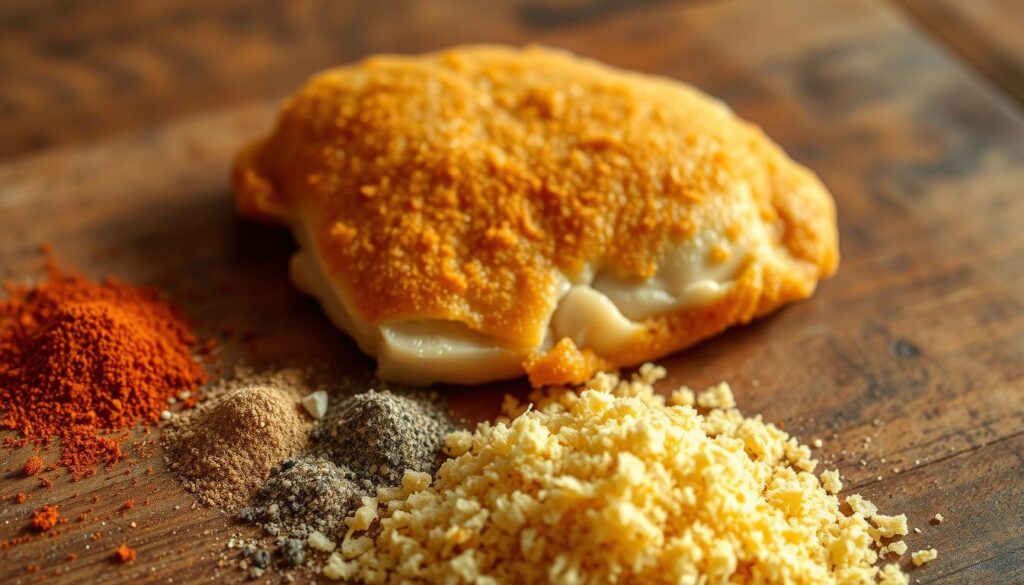 A crisp, evenly coated chicken breast is artfully displayed on a rustic wooden surface. In the foreground, a variety of spices and herbs are meticulously arranged, including paprika, garlic powder, onion flakes, and freshly cracked black pepper. The middle ground showcases a pile of golden breadcrumbs, their textures inviting the viewer to imagine the satisfying crunch they would provide. Soft, natural lighting casts a warm glow, emphasizing the rich colors and textures of the scene. The overall composition exudes a sense of culinary expertise and the mouthwatering anticipation of the perfect fried chicken. A crisp, evenly coated chicken breast is artfully displayed on a rustic wooden surface. In the foreground, a variety of spices and herbs are meticulously arranged, including paprika, garlic powder, onion flakes, and freshly cracked black pepper. The middle ground showcases a pile of golden breadcrumbs, their textures inviting the viewer to imagine the satisfying crunch they would provide. Soft, natural lighting casts a warm glow, emphasizing the rich colors and textures of the scene. The overall composition exudes a sense of culinary expertise and the mouthwatering anticipation of the perfect fried chicken.