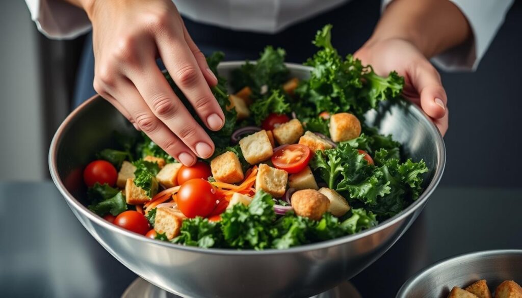 A crisp, well-lit close-up shot of a chef's hands expertly tossing and combining a vibrant kale salad with fresh ingredients in a sleek, modern stainless steel bowl. The greens glisten with a light dressing, accented by the rich colors of cherry tomatoes, shredded carrots, and crunchy croutons. The scene conveys a sense of precision, control, and culinary mastery, perfectly capturing the techniques required to recreate the iconic Chick-fil-A kale salad at home. A crisp, well-lit close-up shot of a chef's hands expertly tossing and combining a vibrant kale salad with fresh ingredients in a sleek, modern stainless steel bowl. The greens glisten with a light dressing, accented by the rich colors of cherry tomatoes, shredded carrots, and crunchy croutons. The scene conveys a sense of precision, control, and culinary mastery, perfectly capturing the techniques required to recreate the iconic Chick-fil-A kale salad at home.