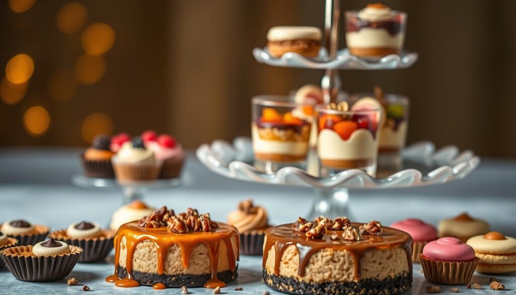 A delightful display of customized dessert variations, featuring an array of tempting treats. In the foreground, a sumptuous turtle cheesecake with a rich, velvety texture, drizzled with caramel and topped with chopped pecans. Surrounding it, an assortment of personalized desserts, including miniature chocolate-dipped fruit tarts, artfully decorated cupcakes, and bite-sized macarons in vibrant hues. The middle ground showcases an elegant tiered stand, supporting a selection of unique dessert cups filled with layers of creamy custard, fruit compote, and crumbled cookie. In the background, a backdrop of ethereal lighting and a soft, blurred focus creates a dreamy, indulgent atmosphere, inviting the viewer to savor each delectable creation. A delightful display of customized dessert variations, featuring an array of tempting treats. In the foreground, a sumptuous turtle cheesecake with a rich, velvety texture, drizzled with caramel and topped with chopped pecans. Surrounding it, an assortment of personalized desserts, including miniature chocolate-dipped fruit tarts, artfully decorated cupcakes, and bite-sized macarons in vibrant hues. The middle ground showcases an elegant tiered stand, supporting a selection of unique dessert cups filled with layers of creamy custard, fruit compote, and crumbled cookie. In the background, a backdrop of ethereal lighting and a soft, blurred focus creates a dreamy, indulgent atmosphere, inviting the viewer to savor each delectable creation.