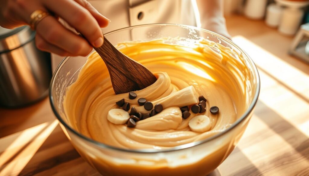 A kitchen counter bathed in warm, natural light. In the center, a large mixing bowl filled with a smooth, rich batter as a cook vigorously folds and incorporates it with a sturdy wooden spoon. Beams of light catch the silky texture, highlighting the even distribution of ingredients. Banana slices and chocolate chips are gently folded into the batter, creating a tantalizing preview of the gooey, flavorful treat to come. The scene radiates a sense of focused, precise technique, essential for mastering the perfect chocolate chip banana bread. A kitchen counter bathed in warm, natural light. In the center, a large mixing bowl filled with a smooth, rich batter as a cook vigorously folds and incorporates it with a sturdy wooden spoon. Beams of light catch the silky texture, highlighting the even distribution of ingredients. Banana slices and chocolate chips are gently folded into the batter, creating a tantalizing preview of the gooey, flavorful treat to come. The scene radiates a sense of focused, precise technique, essential for mastering the perfect chocolate chip banana bread.