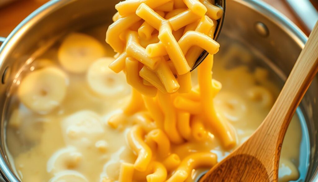 A large pot filled with boiling water, steam rising gently. Pristine macaroni noodles, perfectly al dente, glistening as they are carefully scooped out with a slotted spoon. A creamy, luscious cheese sauce, made with sharp cheddar and a hint of mustard, poured over the noodles, creating a harmonious blend of flavors. The scene is bathed in warm, golden lighting, accentuating the rich, comforting tones. A wooden spoon rests nearby, ready to stir and combine the components into a delectable, family-friendly dish. The overall atmosphere evokes a sense of culinary mastery and the promise of a satisfying, homemade meal. A large pot filled with boiling water, steam rising gently. Pristine macaroni noodles, perfectly al dente, glistening as they are carefully scooped out with a slotted spoon. A creamy, luscious cheese sauce, made with sharp cheddar and a hint of mustard, poured over the noodles, creating a harmonious blend of flavors. The scene is bathed in warm, golden lighting, accentuating the rich, comforting tones. A wooden spoon rests nearby, ready to stir and combine the components into a delectable, family-friendly dish. The overall atmosphere evokes a sense of culinary mastery and the promise of a satisfying, homemade meal.