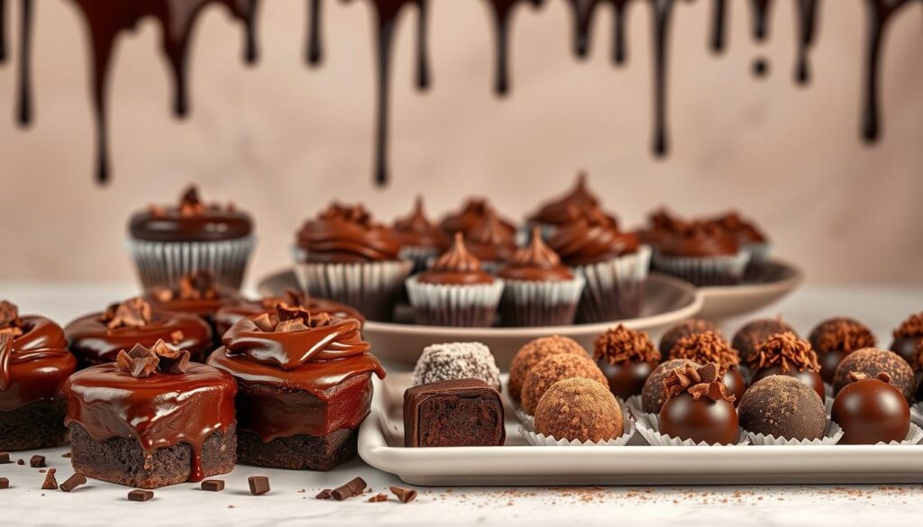 A lavish spread of decadent chocolate desserts against a softly lit backdrop. In the foreground, a tempting array of freshly baked chocolate cakes, their glossy ganache glistening under warm lighting. Interspersed are luscious chocolate mousse cups, their silky smooth surfaces accented with delicate chocolate shavings. In the middle ground, a platter of irresistible chocolate truffles, each one a miniature work of art, dusted with cocoa powder. The background features a subtle pattern of swirling chocolate drizzle, adding depth and richness to the scene. The overall mood is one of indulgence and sophistication, inviting the viewer to savor each bite of these homemade-quality chocolate creations. A lavish spread of decadent chocolate desserts against a softly lit backdrop. In the foreground, a tempting array of freshly baked chocolate cakes, their glossy ganache glistening under warm lighting. Interspersed are luscious chocolate mousse cups, their silky smooth surfaces accented with delicate chocolate shavings. In the middle ground, a platter of irresistible chocolate truffles, each one a miniature work of art, dusted with cocoa powder. The background features a subtle pattern of swirling chocolate drizzle, adding depth and richness to the scene. The overall mood is one of indulgence and sophistication, inviting the viewer to savor each bite of these homemade-quality chocolate creations.