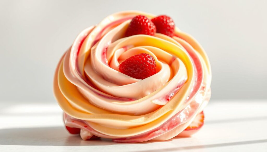 A luscious strawberry and lemon dessert swirl, artfully crafted with vibrant berries, zesty citrus, and a silky smooth cream filling. The creamy mixture gently folds and twists, creating a mesmerizing pattern of pink and yellow hues. Soft natural lighting casts a warm, inviting glow, highlighting the dessert's glossy, appetizing surface. The composition is balanced, with the dessert occupying the central focus, framed by a clean, minimalist background that allows the delectable treat to shine. This refreshing and visually striking dessert embodies the perfect blend of tartness and sweetness, promising a delightful indulgence for the senses. A luscious strawberry and lemon dessert swirl, artfully crafted with vibrant berries, zesty citrus, and a silky smooth cream filling. The creamy mixture gently folds and twists, creating a mesmerizing pattern of pink and yellow hues. Soft natural lighting casts a warm, inviting glow, highlighting the dessert's glossy, appetizing surface. The composition is balanced, with the dessert occupying the central focus, framed by a clean, minimalist background that allows the delectable treat to shine. This refreshing and visually striking dessert embodies the perfect blend of tartness and sweetness, promising a delightful indulgence for the senses.