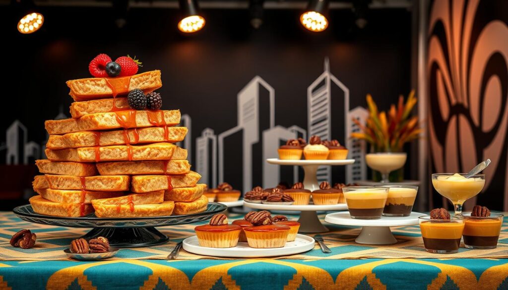 A lush, retro-inspired dessert presentation set against a sleek Motown-inspired backdrop. In the foreground, a towering stack of moist, golden honey-sweetened sugar pie slices, drizzled with caramel and garnished with fresh berries. Surrounding the pie, an array of complementary desserts - glistening pecan tarts, decadent chocolate truffles, and velvety banana pudding cups. The midground features a stylized, geometric-patterned tablecloth in shades of teal and mustard, evoking the vibrant color palette of 1960s Detroit. Overhead, a dramatic lighting setup casts warm, theatrical shadows, while the background showcases a bold, graphic wall mural in a cool, monochromatic palette. The overall atmosphere exudes a captivating fusion of retro cool and modern sophistication. A lush, retro-inspired dessert presentation set against a sleek Motown-inspired backdrop. In the foreground, a towering stack of moist, golden honey-sweetened sugar pie slices, drizzled with caramel and garnished with fresh berries. Surrounding the pie, an array of complementary desserts - glistening pecan tarts, decadent chocolate truffles, and velvety banana pudding cups. The midground features a stylized, geometric-patterned tablecloth in shades of teal and mustard, evoking the vibrant color palette of 1960s Detroit. Overhead, a dramatic lighting setup casts warm, theatrical shadows, while the background showcases a bold, graphic wall mural in a cool, monochromatic palette. The overall atmosphere exudes a captivating fusion of retro cool and modern sophistication.